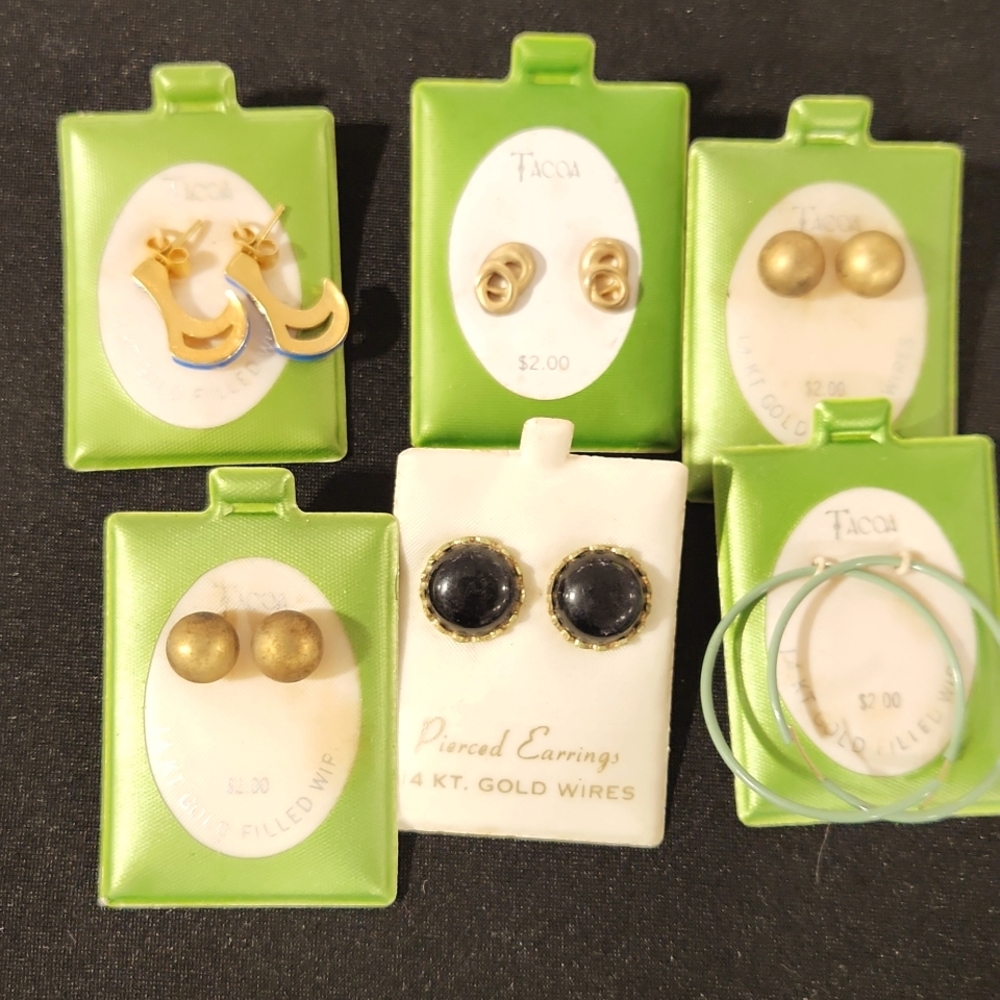 VINTAGE NEW on card 6 pair lot Pierced Earrings 14kt gold filled